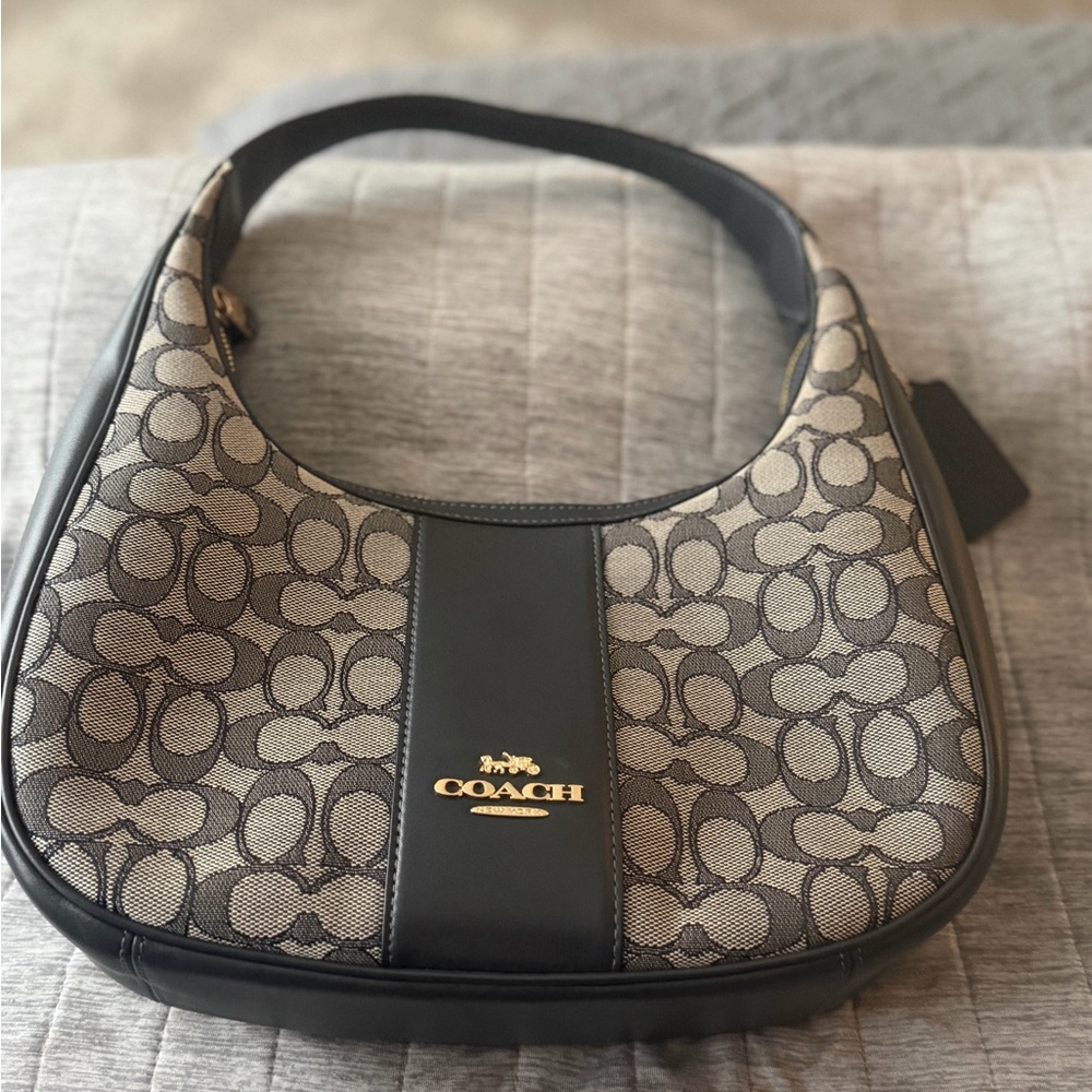 Coach navy Signature Jacquard Shoulder Hobo with Dark Leather Trim - Picture 9 of 11